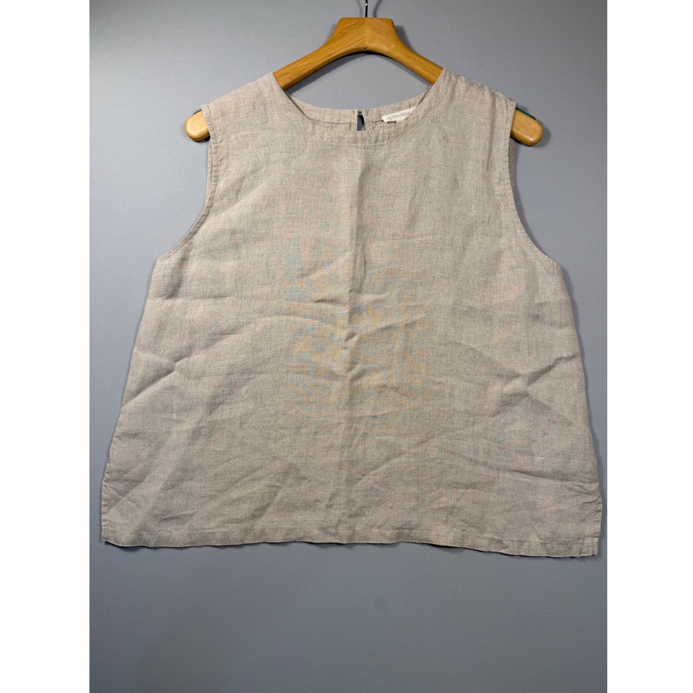 Eileen Fisher Organic Linen Sleeveless Top Beige Oatmeal Keyhole Back Large